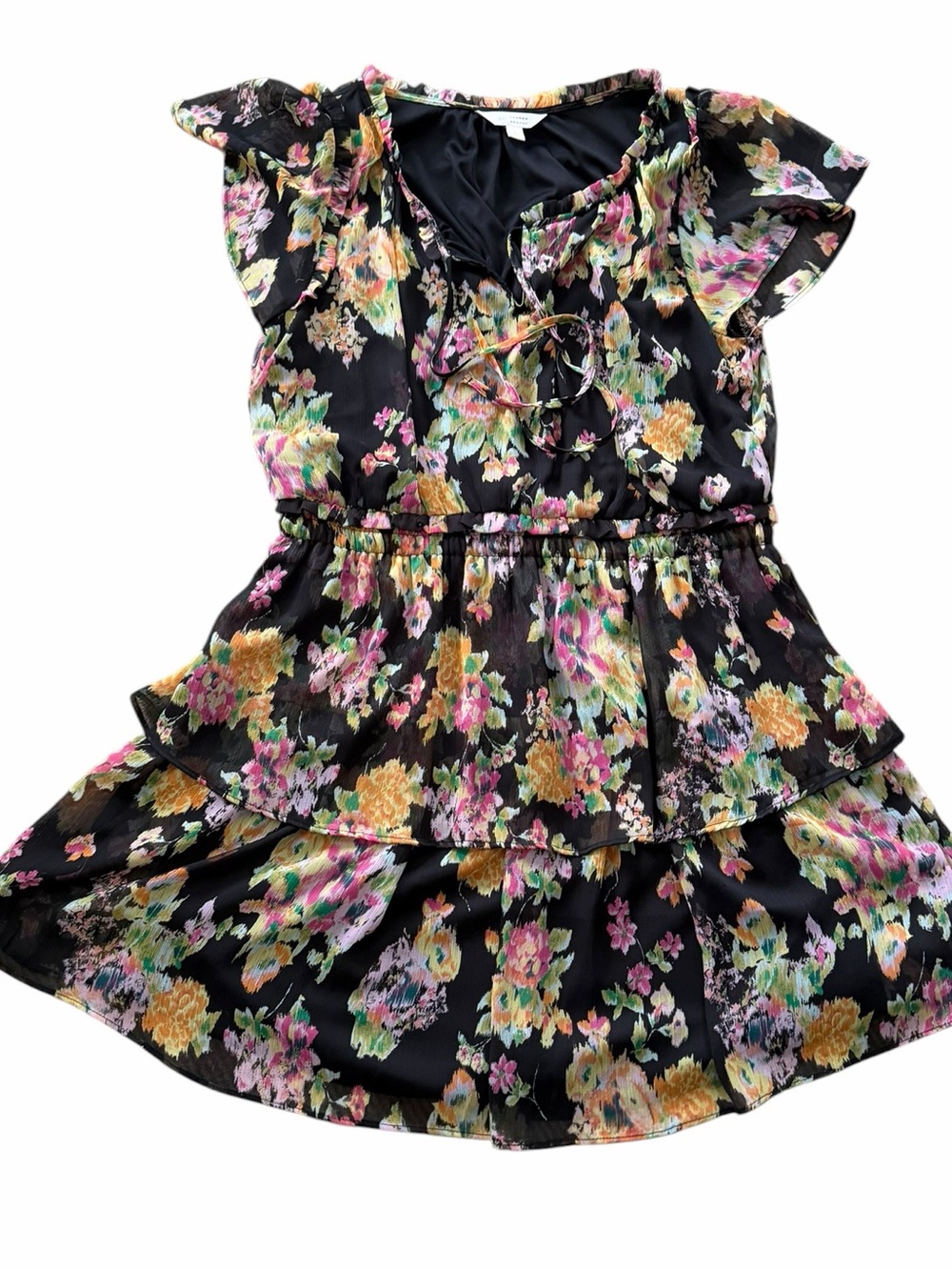 Floral Tiered Black Dress with Ruffle Sleeves